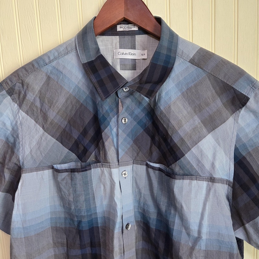 Calvin Klein Shirt Mens XL Blue Plaid Short Sleeve Button Front Cotton Casual